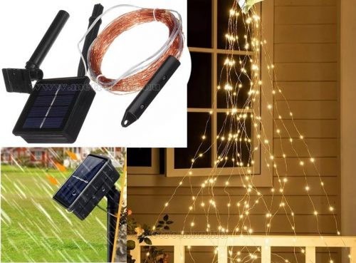 Napelemes kültéri fényfüzér, LED fénypiramis fényfüzér, micro LED-es MLED200-TREE-WW