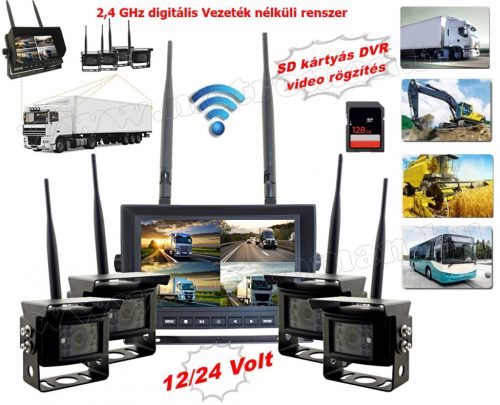 Digitális vezeték nélküli tolatókamera 4 kamerás szett 7"-os HD LCD monitorral MM7008WDigital-4-DVR-QUAD 12/24 Volt